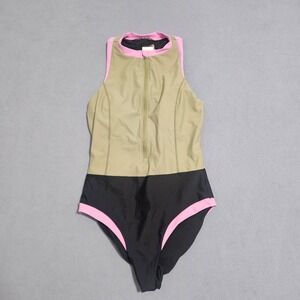 Prana Colorblock Zip Front One Piece Swimsuit Women's Size M Khaki Pink Black